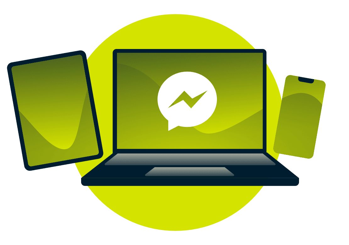 En bærbar computer, en tablet og en telefon med Facebook Messenger-logoet.