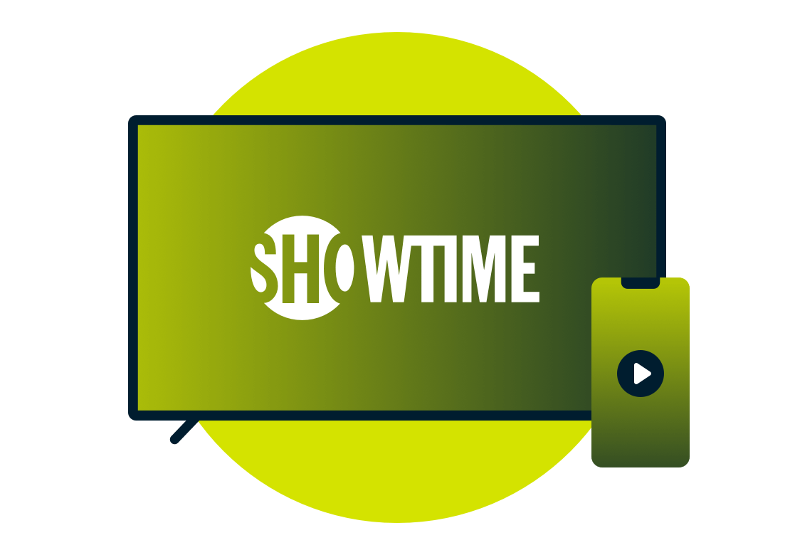 En b&aelig;rbar computer og en telefon med Showtime-logoet.