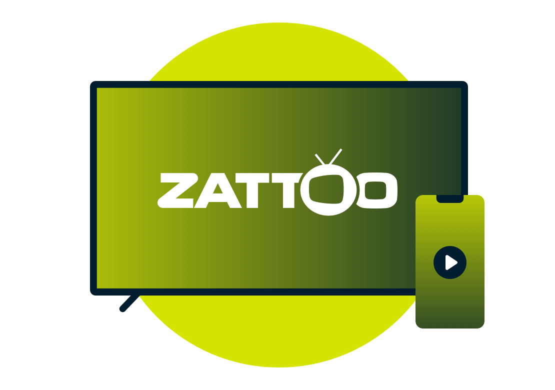 En b&aelig;rbar computer og en telefon med Zattoos logo.